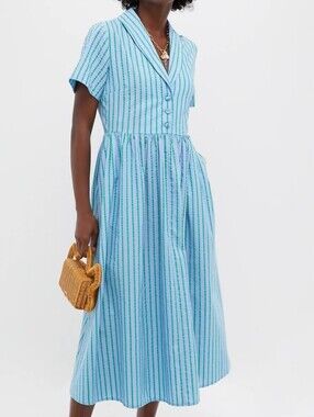 Tuckernuck Delphinium Seersucker Shawl Collar Adelaide Dress, blue green stripe